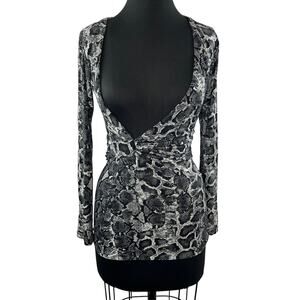 SKY White Black Deep Cut Blouse Top Snake Print Ruched Long Sleeve Size S Small